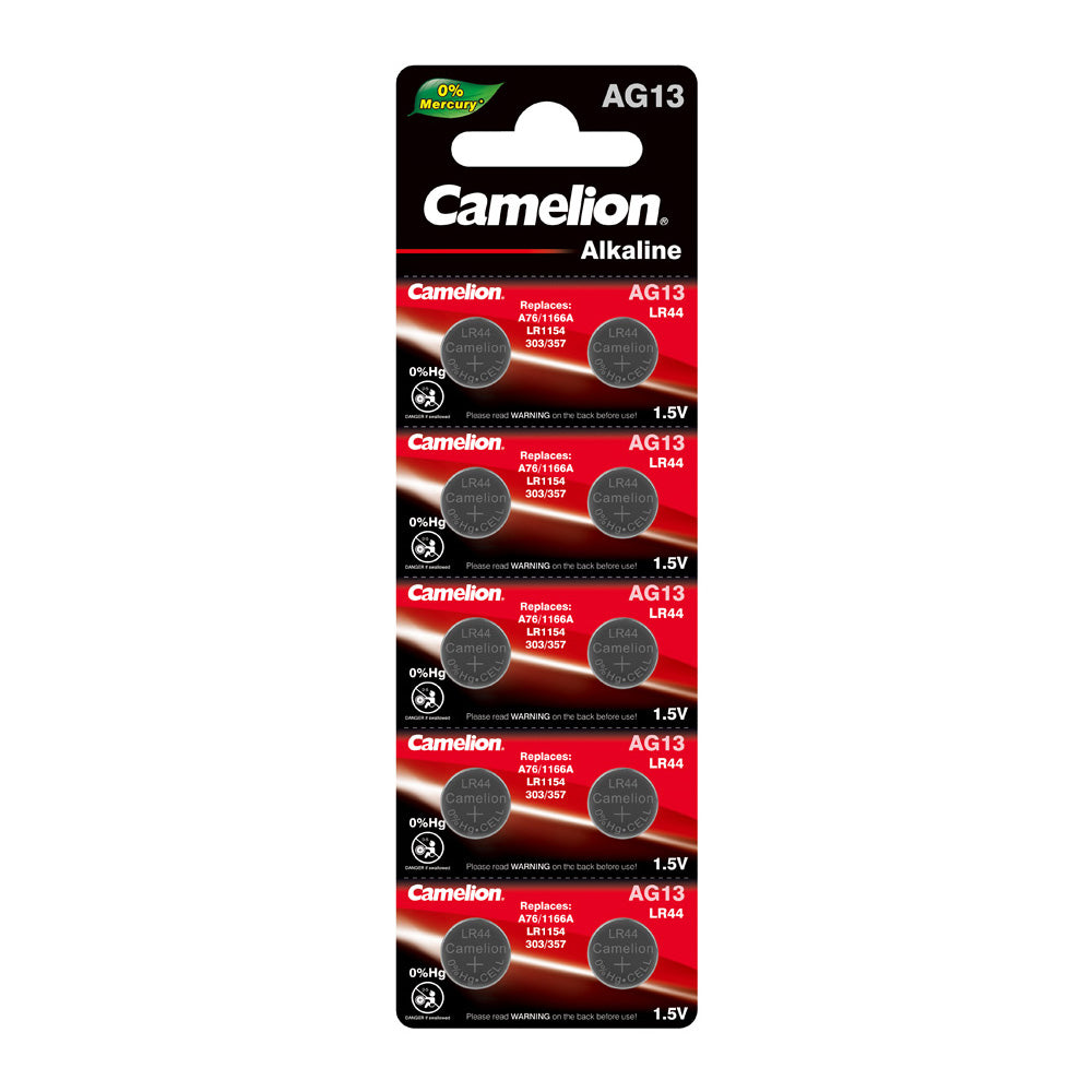 Camelion AG13 / G13 / LR44 / A76 / SR44W / GP76A / 357 Alkaline Button Cell Battery (Three Packaging Options)