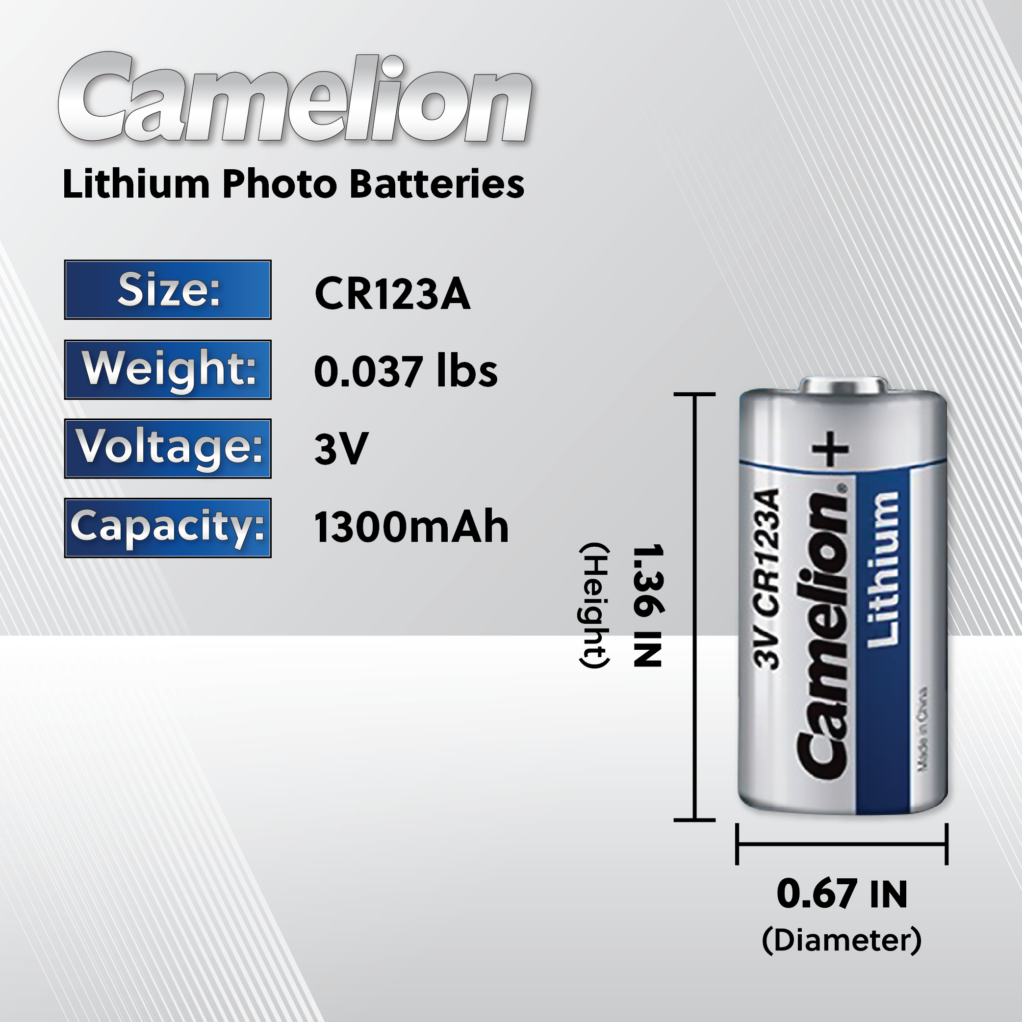Camelion CR123A 3V Lithium Primary Battery - Non Rechargeable - Blister Single Pack