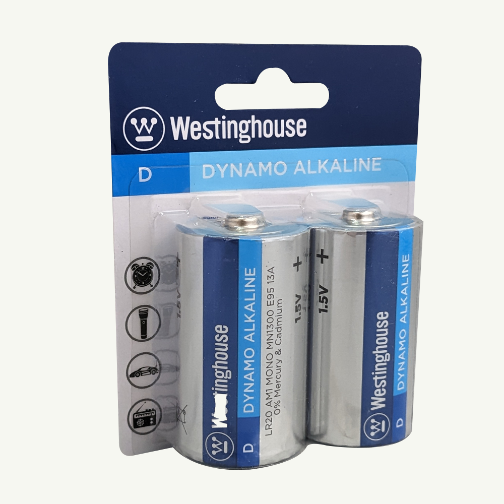 EXP 12/2025 - Westinghouse D Dynamo Alkaline Blister Pack of 2