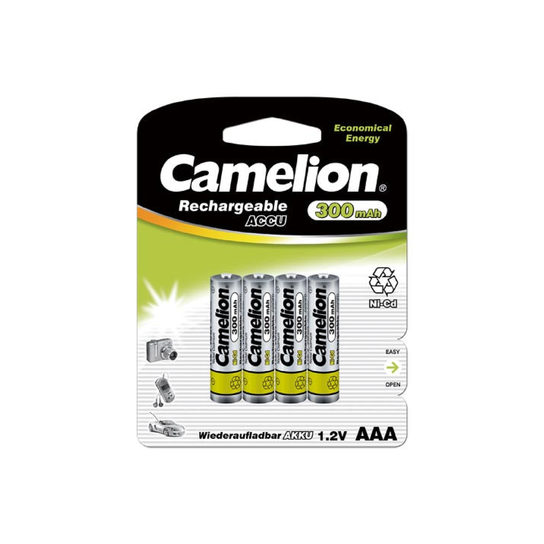 Camelion AAA Ni-Cd 1.2V 300mAh Rechargeable Batteries Blister 4Pk