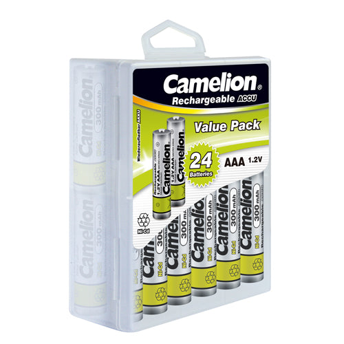 Camelion AAA Ni-Cd 1.2V 300mAh Rechargeable Battery Hard Plastic Case 24Pk