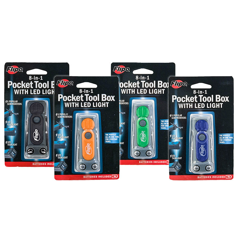 Flipo 8-in-1 Pocket Tool Box with LED Flashlight and Task Light 12 PC Display