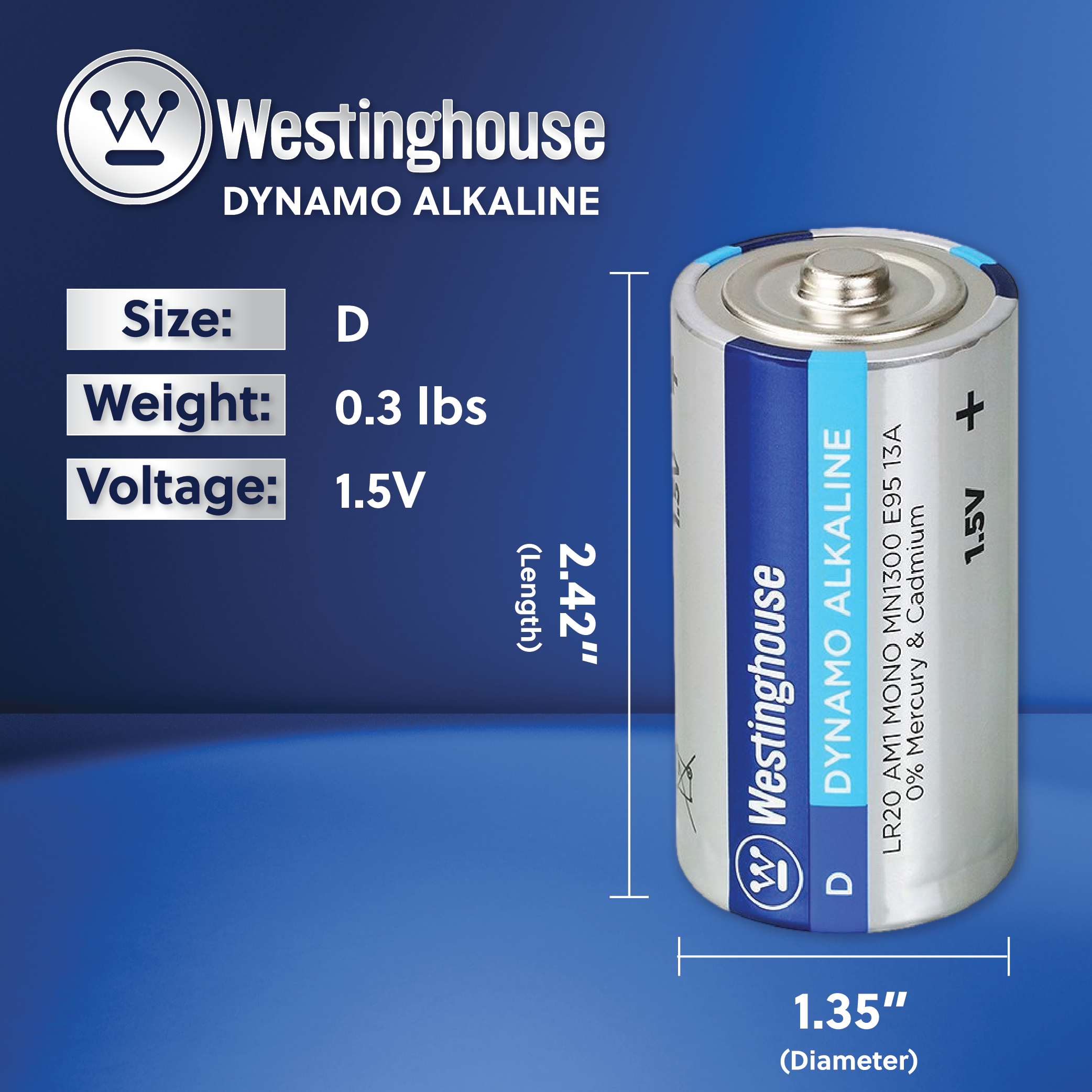 EXP 12/2025 - Westinghouse D Dynamo Alkaline Blister Pack of 2