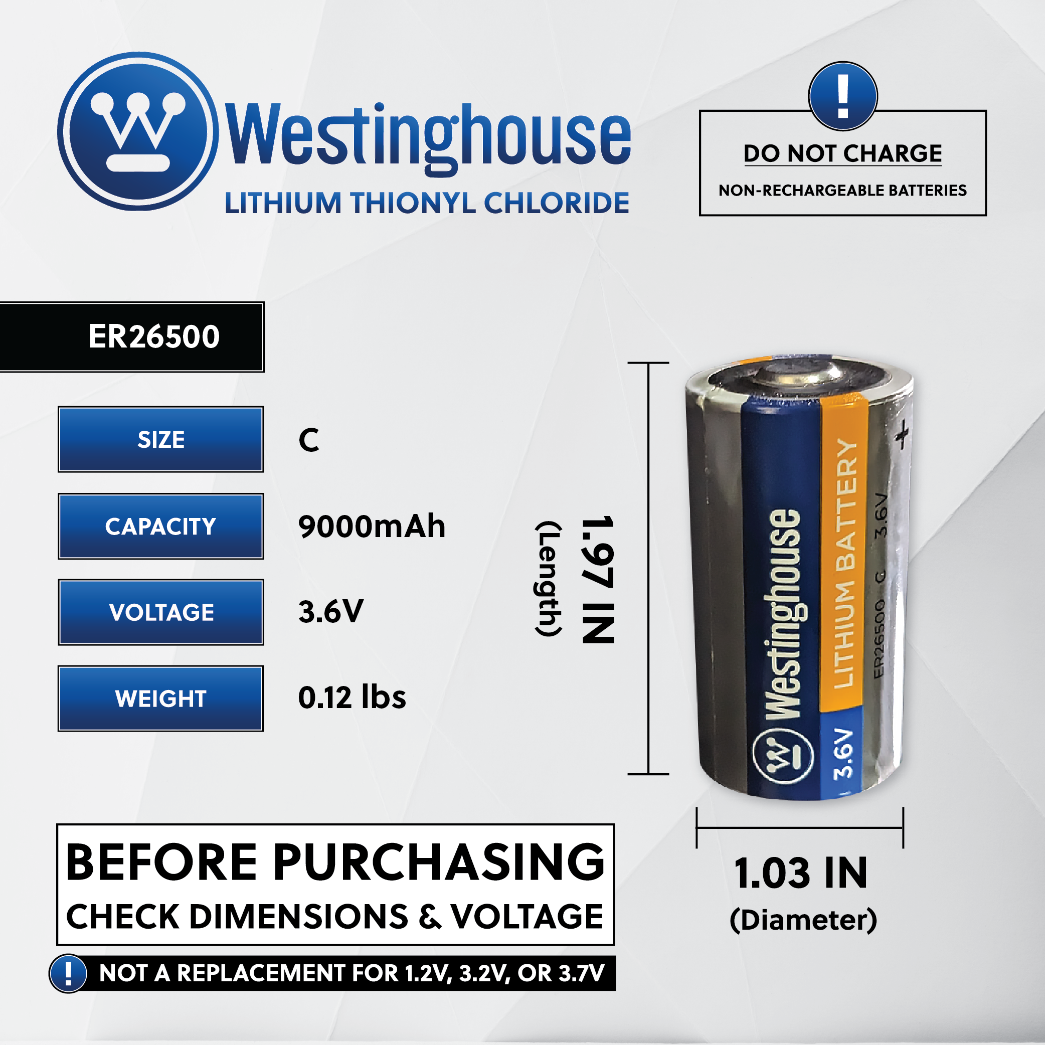 Westinghouse ER26500 C Size 3.6V Lithium Primary Battery for Specialized Devices - Non Rechargeable