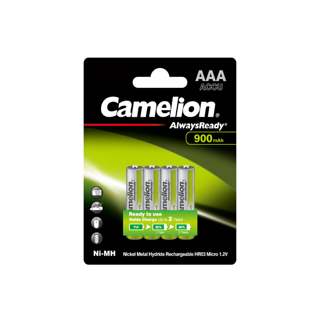 Camelion AAA Always Ready Ni-Mh 1.2V 900mAh Rechargeable Battery Blister 4Pk