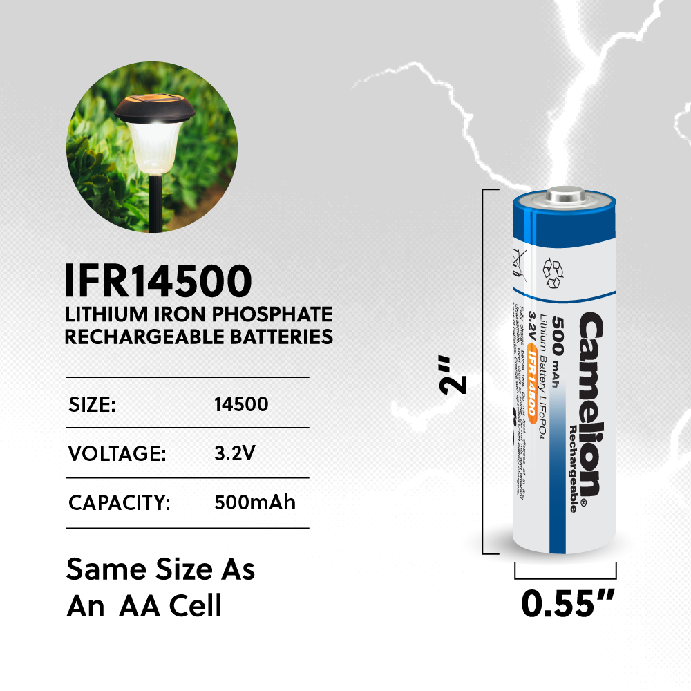 Camelion IFR14500 Lithium Iron Phosphate Rechargeable Battery 500mAh Blister 4Pk - For Solar Lights