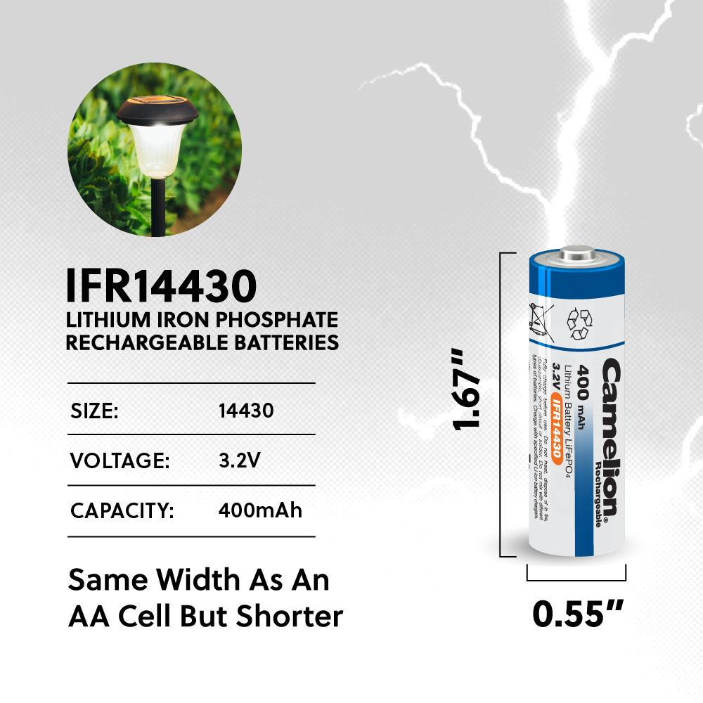 Camelion IFR14430 Lithium Iron Phosphate Rechargeable Battery 400mAh Blister 4Pk - For Solar Lights