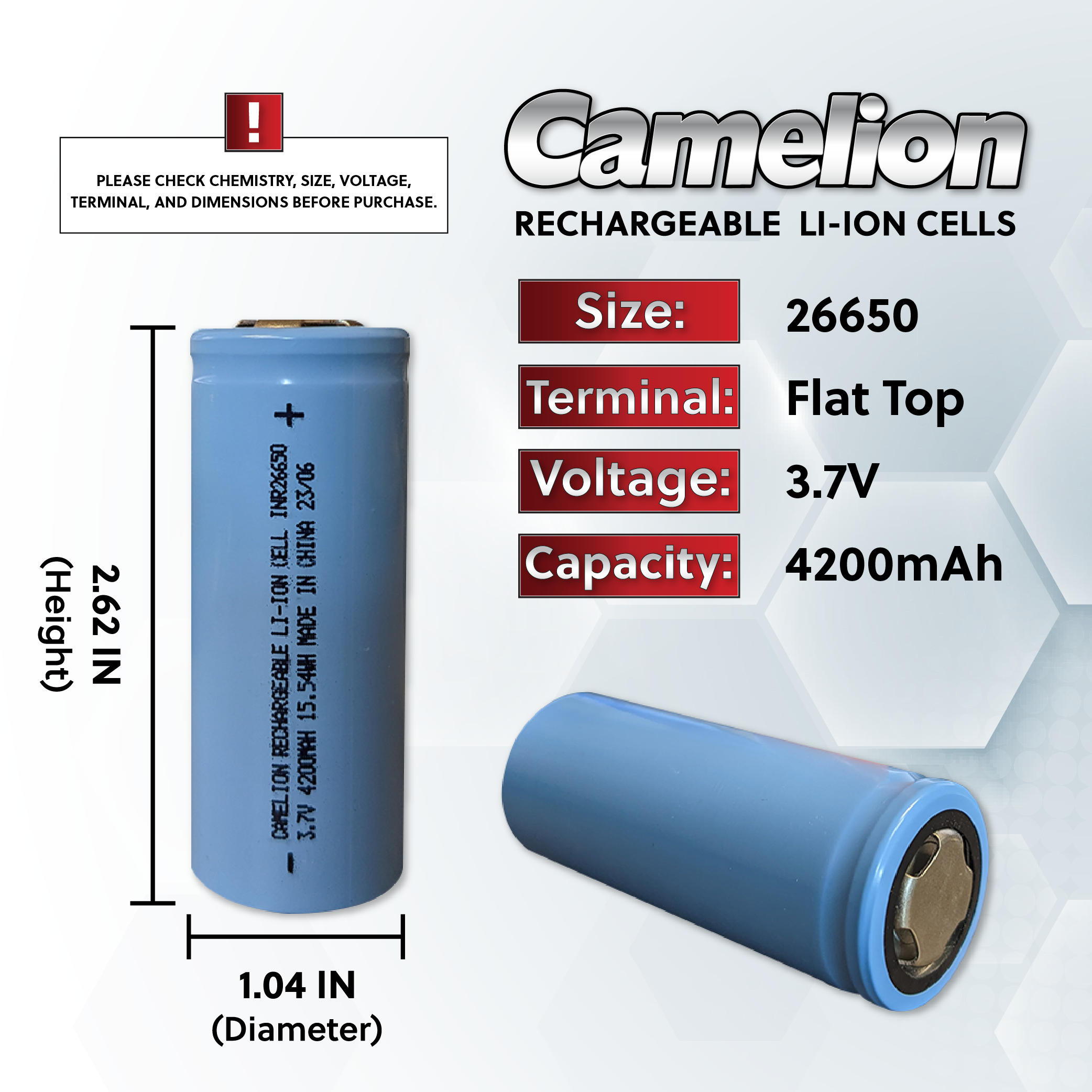 Camelion 26650 4200mAh Li-Ion Cell- Rechargeable Battery Bulk