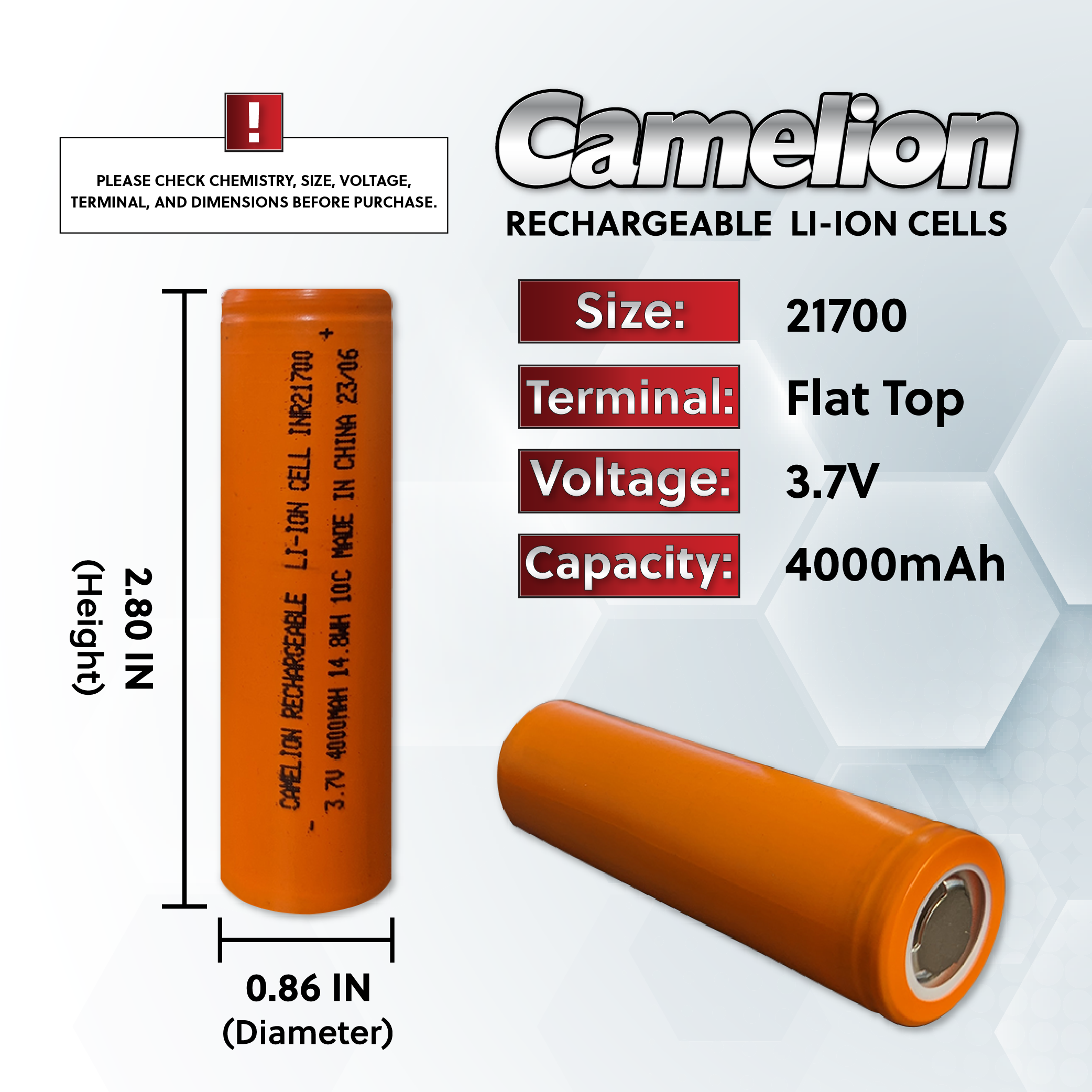 Camelion 21700 4000mAh Li-Ion Protected Cell- Rechargeable Bulk