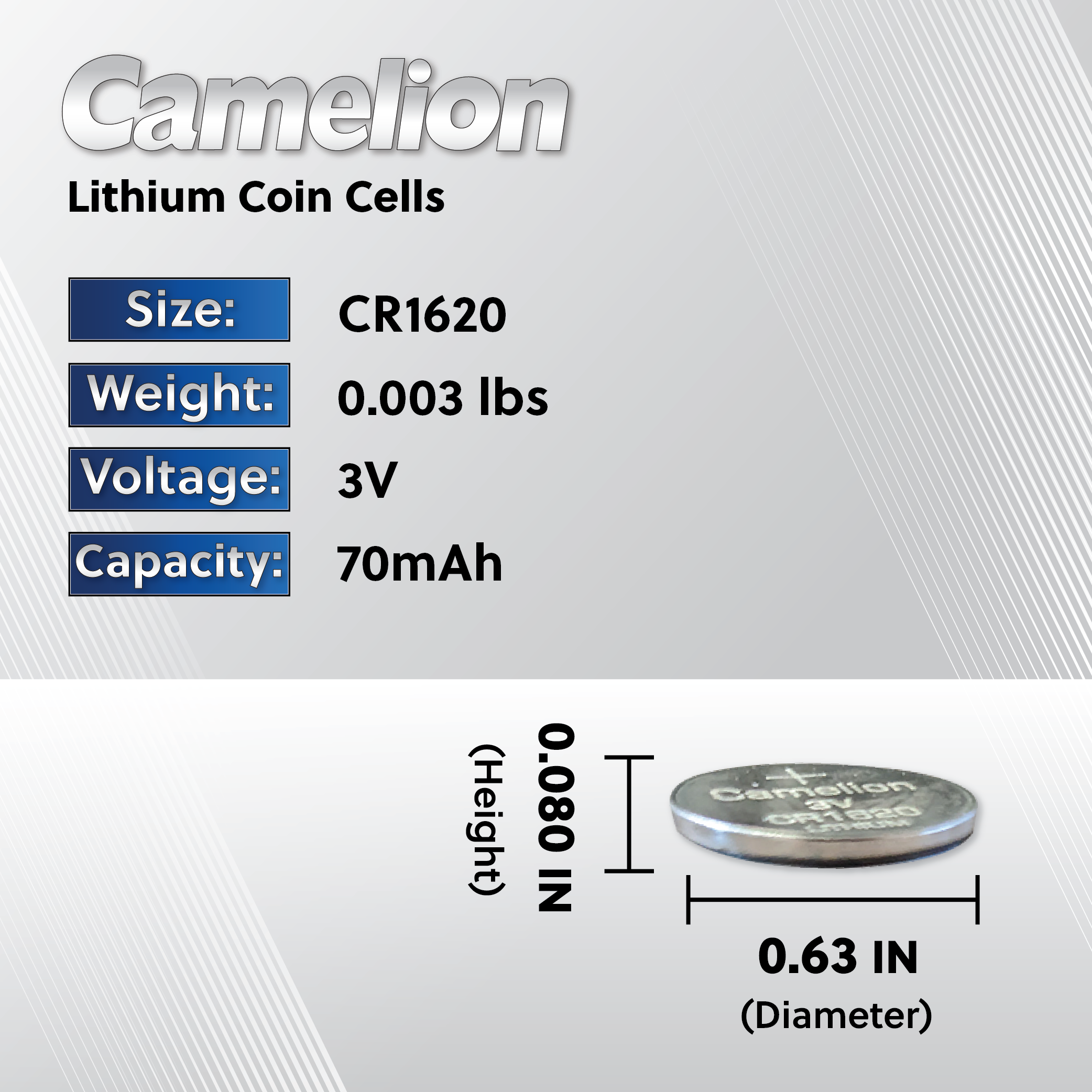 Camelion CR1620 3V Lithium Primary Coin Cell Battery (Three Packaging Options)- Non Rechargeable
