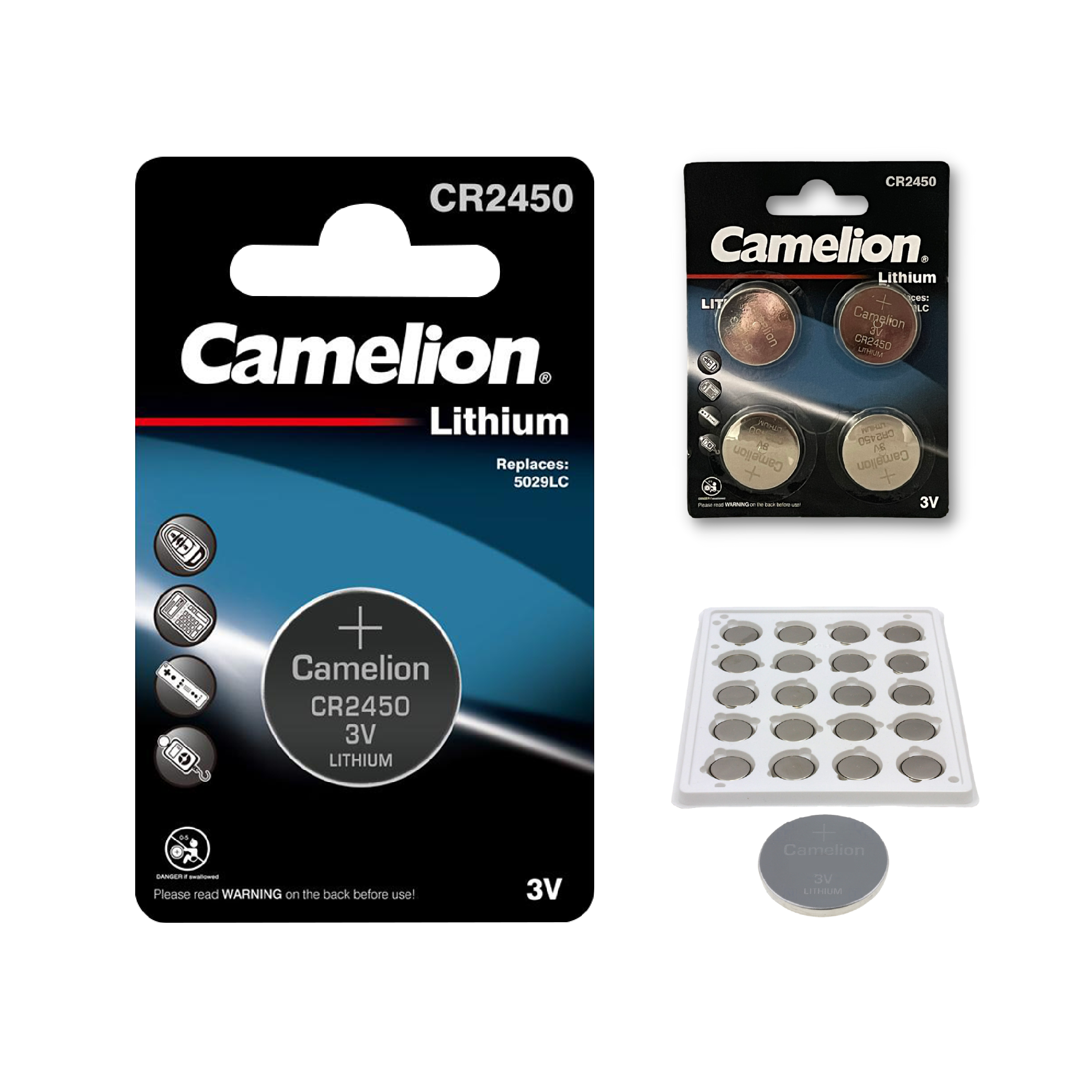 Camelion CR2450 3V Lithium Primary Coin Cell Battery (Three Packaging Options) - Non Rechargeable