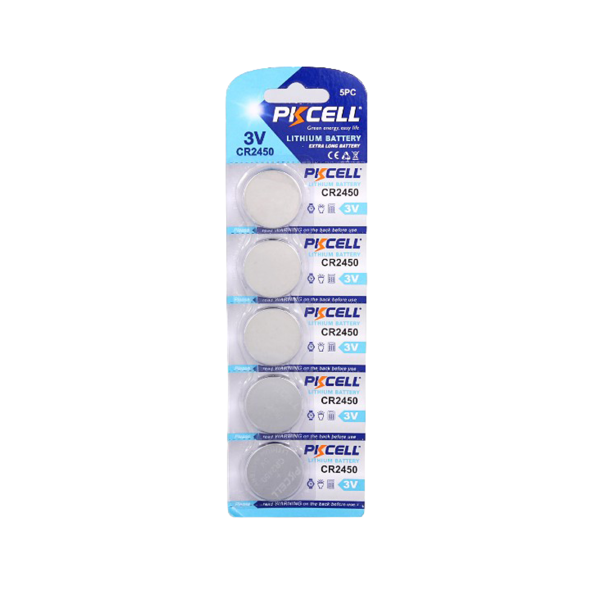 PK Cell CR2450 3V Lithium Primary Coin Cell Battery Blister 5Pk - Non Rechargeable