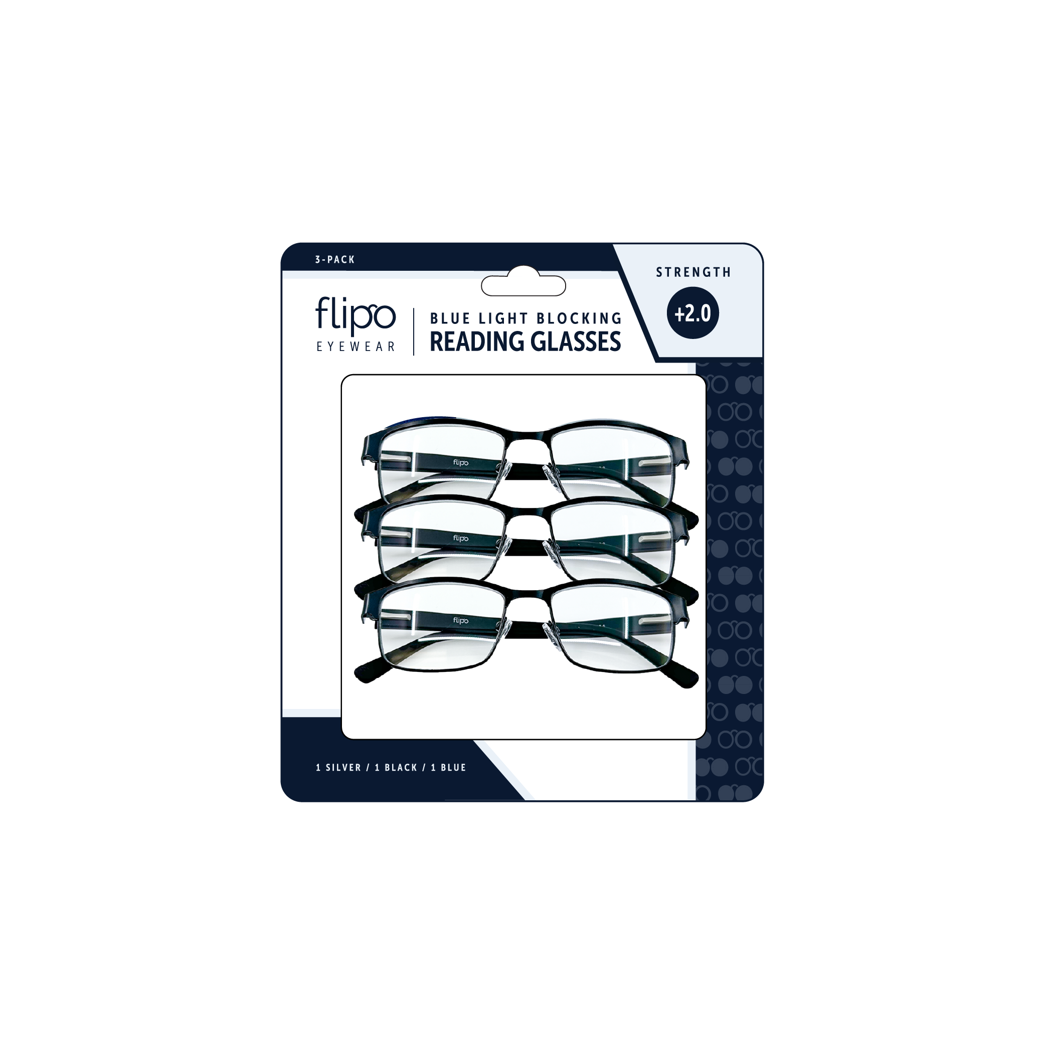 Flipo Eyewear's Blue Light Blocking Reading Glasses - Blister 3Pk (1 Silver, 1 Black, 1 Blue)