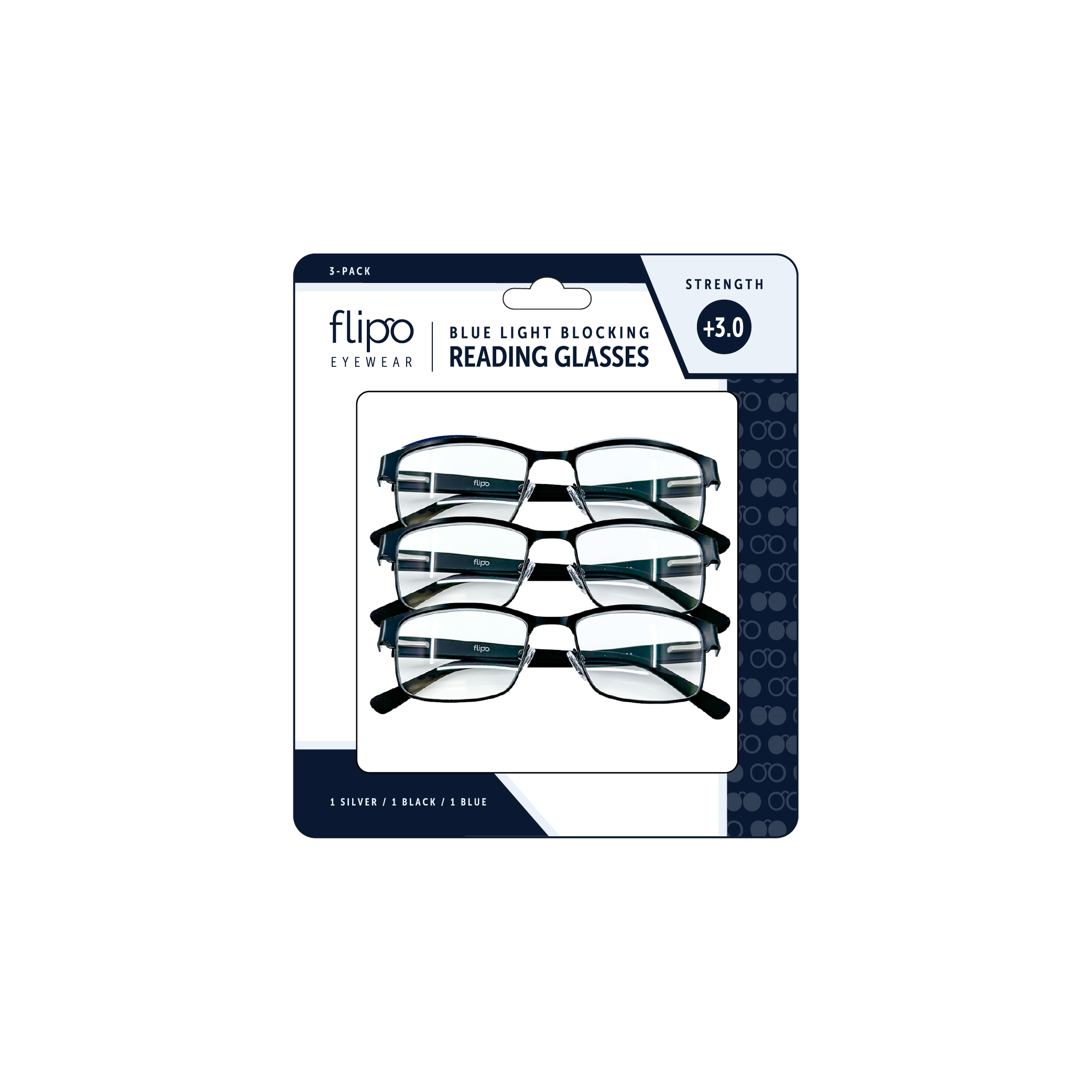 Flipo Eyewear's Blue Light Blocking Reading Glasses - Blister 3Pk (1 Silver, 1 Black, 1 Blue)