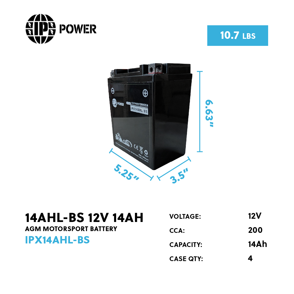 IP Power IPX14AHL-BS 12V 14Ah AGM Motorsport Battery