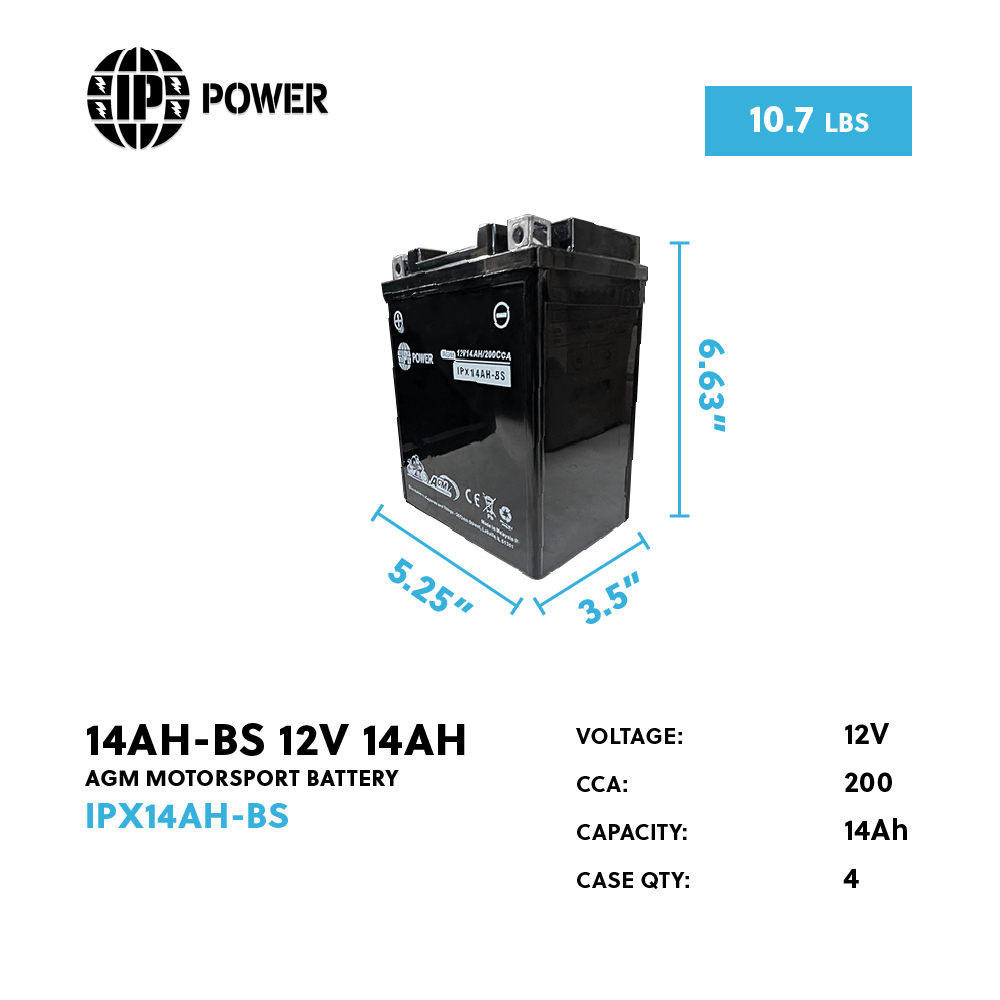 IP Power IPX14AH-BS 12V 14Ah AGM Motorsport Battery