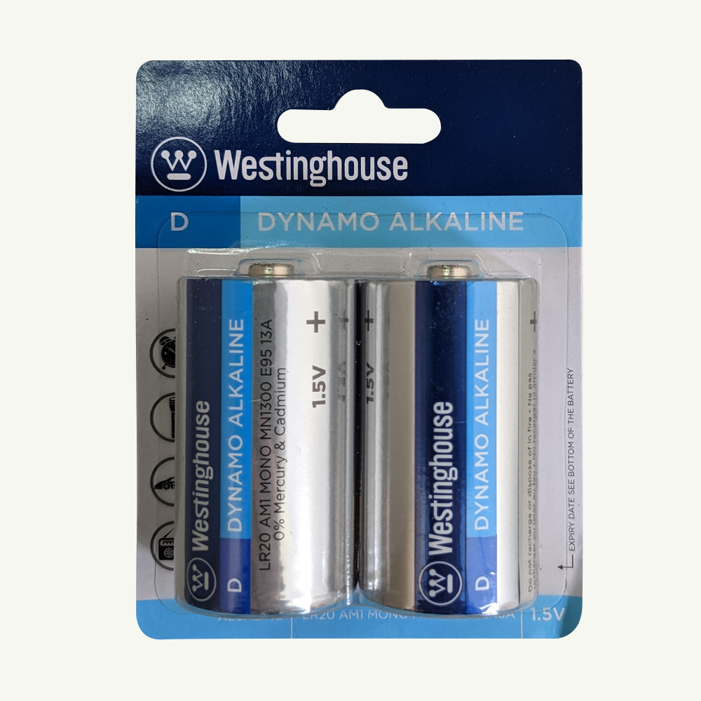EXP 12/2025 - Westinghouse D Dynamo Alkaline Blister Pack of 2
