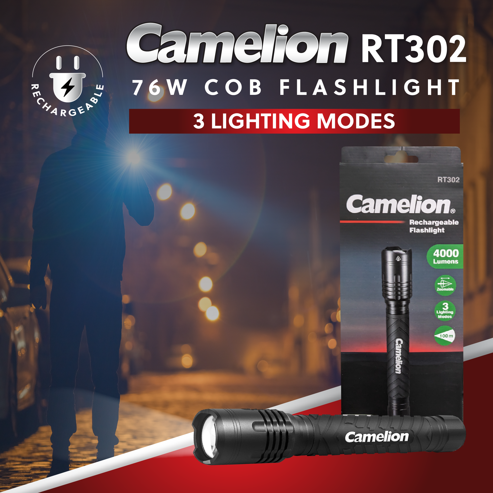 Camelion RT302 76W COB 4000LM Rechargeable Flashlight - 3 Lighting Modes