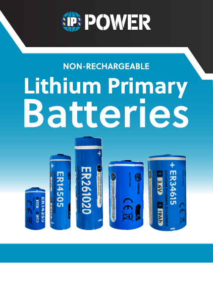 IP Power lithium primary batteries on a blue and black background