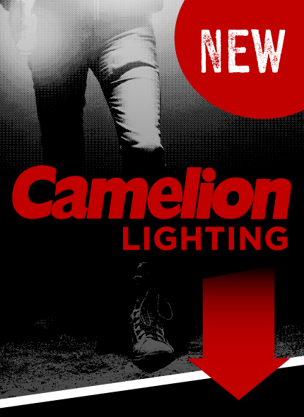 Promotional image for Camelion Lighting with a person wearing jeans and shoes, and a red 'NEW' label.