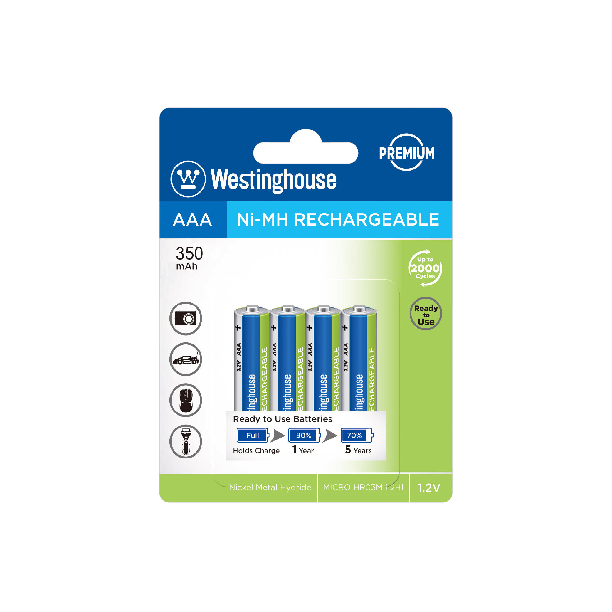 Westinghouse AAA Ni-Mh 1.2V 350mAh Rechargeable Battery Blister 4Pk