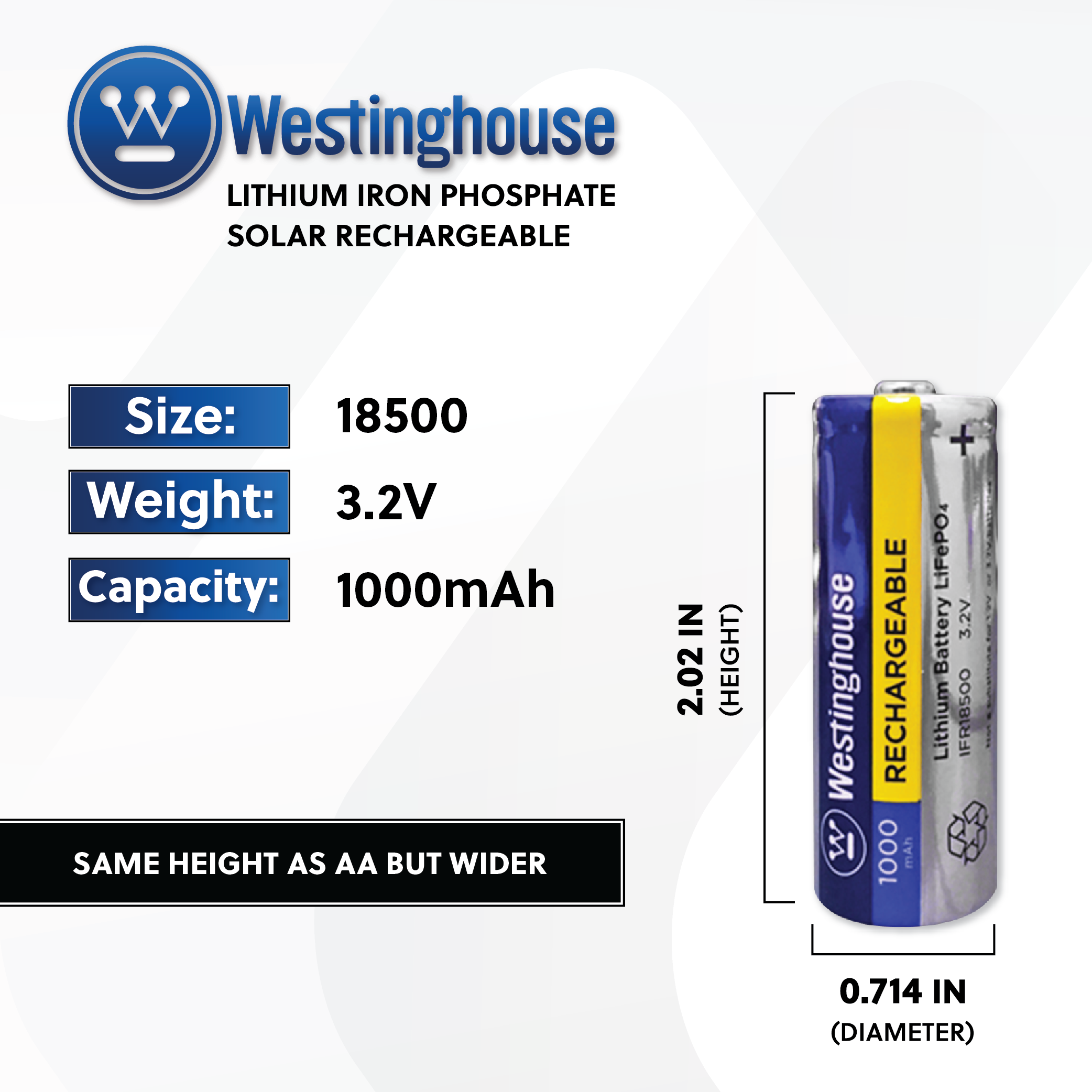 Westinghouse IFR18500 Lithium Iron Phosphate 3.2V 1000mAh Rechargeable Battery - Poly Bag Of 4 - For Solar Lights
