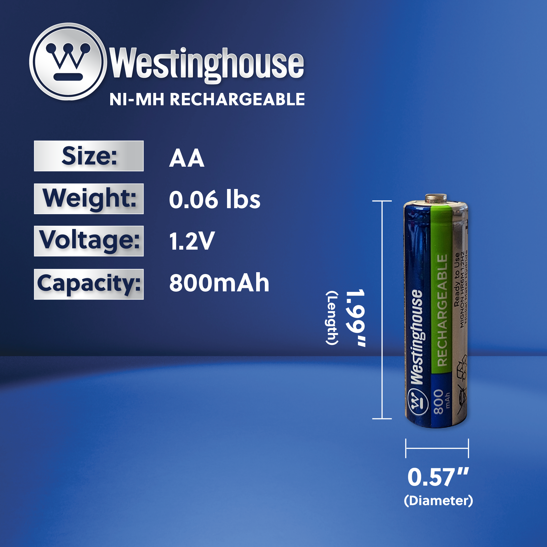 Westinghouse AA Ni-Mh 1.2V 800mAh Rechargeable Battery Plastic Case 24Pk
