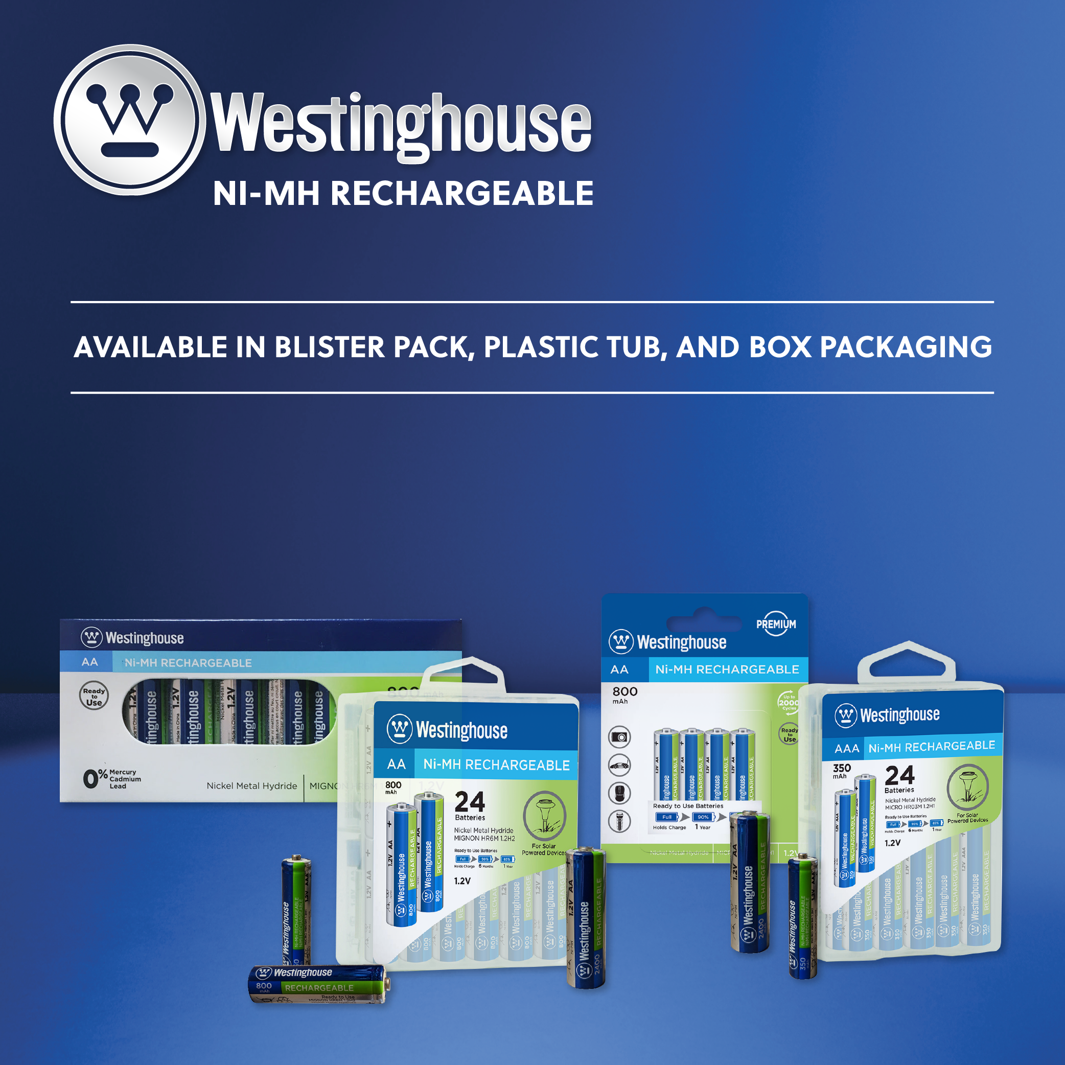 Westinghouse AA Ni-Mh 1.2V 800mAh Rechargeable Battery Plastic Case 24Pk